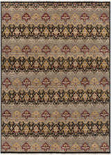 Detailed view of the Stoutsville Carpet. Hand knotted wool rug with amber, black, red, and gray traditional patterns. Design-Rectangle