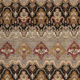 Close-up of the Stoutsville Carpet, a hand-knotted rug with amber, black, and brick red traditional patterns. Swatch