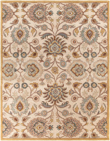 Close-up of the Conesus Hand Tufted Tan 1012 Area Rug. Features a floral Oriental pattern in tan, brown, and blue hues. Design-Rectangle-7696