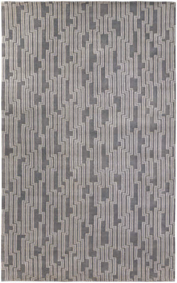 Close-up of the Eastpoint Area Carpet. Contemporary gray wool rug with a geometric, vertical stripe pattern. Hand-knotted texture. Design-Rectangle-58