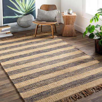 Farmhouse entryway with Stapleford Striped Jute Carpet, wood chair, plants, and natural light. Cream, navy, and tan rug. Roomscene-Rectangle