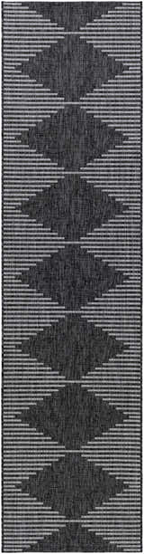 Close-up of the Stephan Area Rug, featuring a black and light gray geometric Southwestern-style pattern. Design-Runner-2710