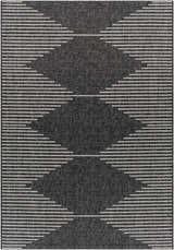 Close-up of the Stephan Area Rug; a black rug with a geometric cream and light gray horizontal line pattern. Design-Rectangle-5377