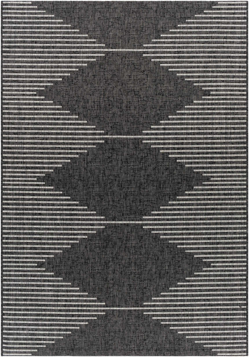 Close-up of the Stephan Area Rug; a black rug with a geometric cream and light gray horizontal line pattern. Design-Rectangle-5377