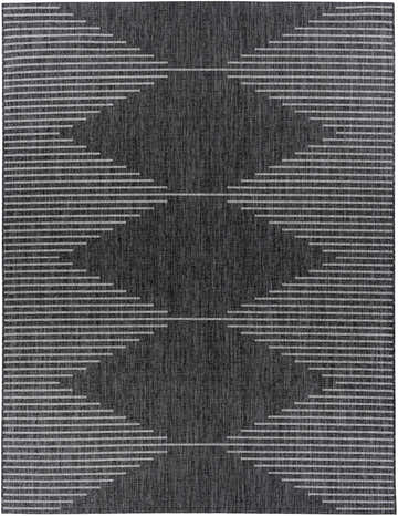 Close-up of the Stephan Area Rug featuring a geometric Southwestern pattern in black, charcoal, cream, and light gray. Design-Rectangle-710102