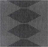 Close-up of the Stephan Area Rug; a black rug with a geometric pattern of cream and light gray horizontal lines. Design-Square-710