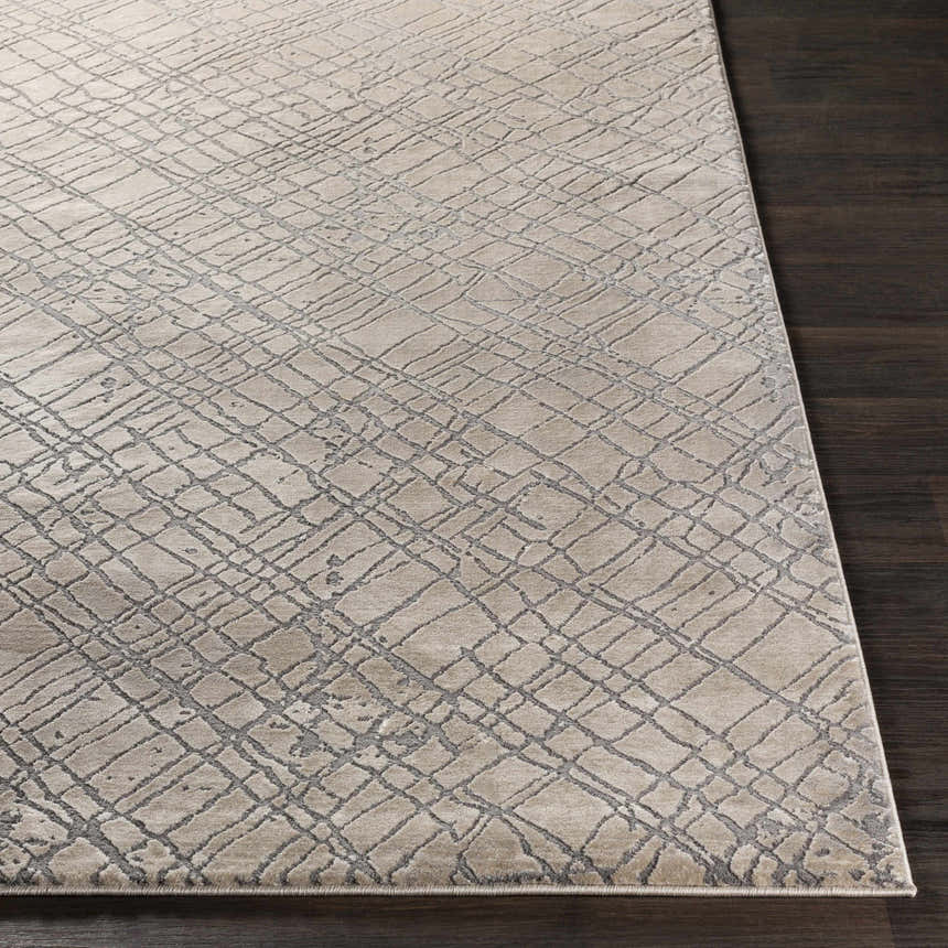 Close-up of the Strykersville Area Rug. Beige rug with a charcoal geometric pattern on a dark wood floor. Front