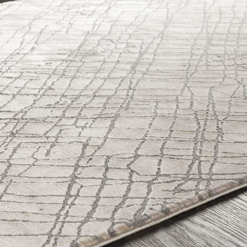 Close-up of the Strykersville Area Rug showing its beige color and charcoal grid pattern. Machine woven texture. Texture