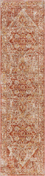 Close-up of the Strathbogie Traditional Red Area Rug, showcasing its brick red, cream, and brown oriental-inspired pattern. Design-Runner-2710