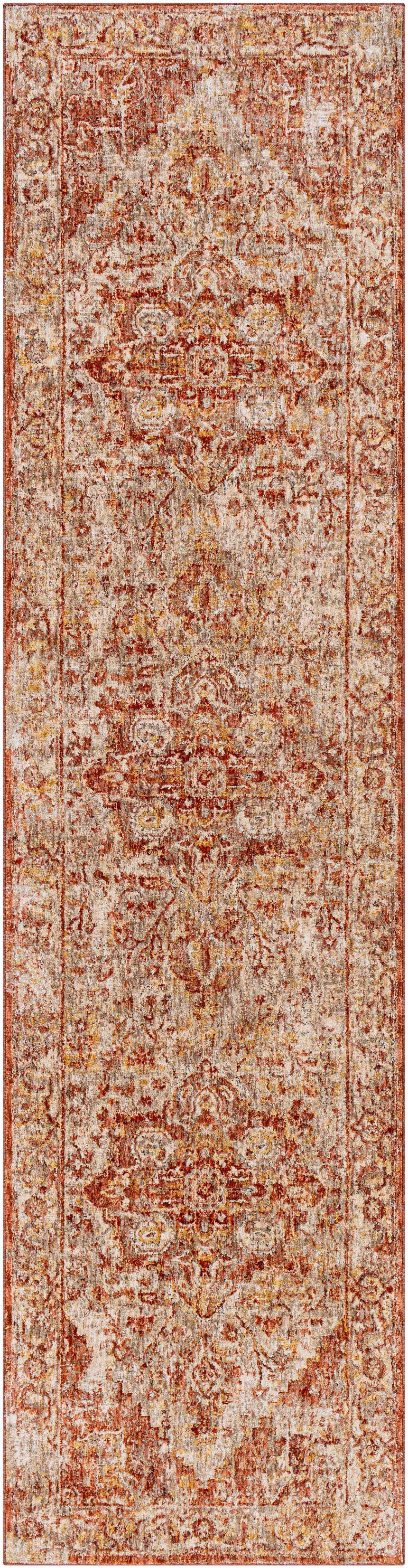 Close-up of the Strathbogie Traditional Red Area Rug, showcasing its brick red, cream, and brown oriental-inspired pattern. Design-Runner-2710