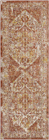 Close-up of the Strathbogie Traditional Red Area Rug, featuring a distressed oriental pattern in brick red, cream, and mustard. Design-Runner-2773