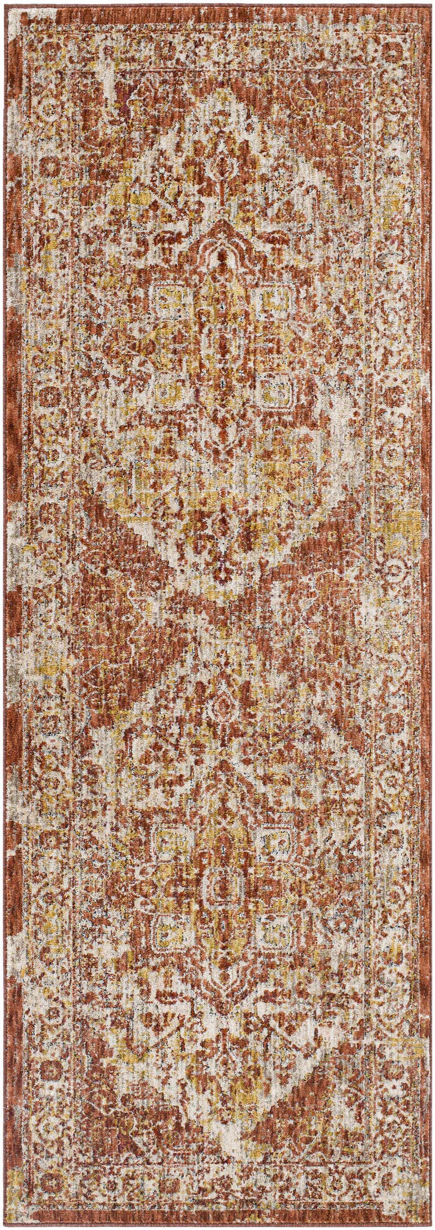 Close-up of the Strathbogie Traditional Red Area Rug, featuring a distressed oriental pattern in brick red, cream, and mustard. Design-Runner-2773