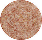 Close-up of a round Strathbogie Traditional Red Area Rug. Features a distressed oriental pattern in brick red, cream, and mustard. Design-Round-53