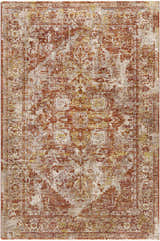 Close-up of the Strathbogie Traditional Red Area Rug, featuring a distressed oriental pattern in brick red, cream, and mustard. Design-Rectangle-575