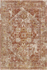 Close-up of the Strathbogie Traditional Red Area Rug featuring a distressed oriental pattern in brick red, cream, and mustard. Design-Rectangle-6796