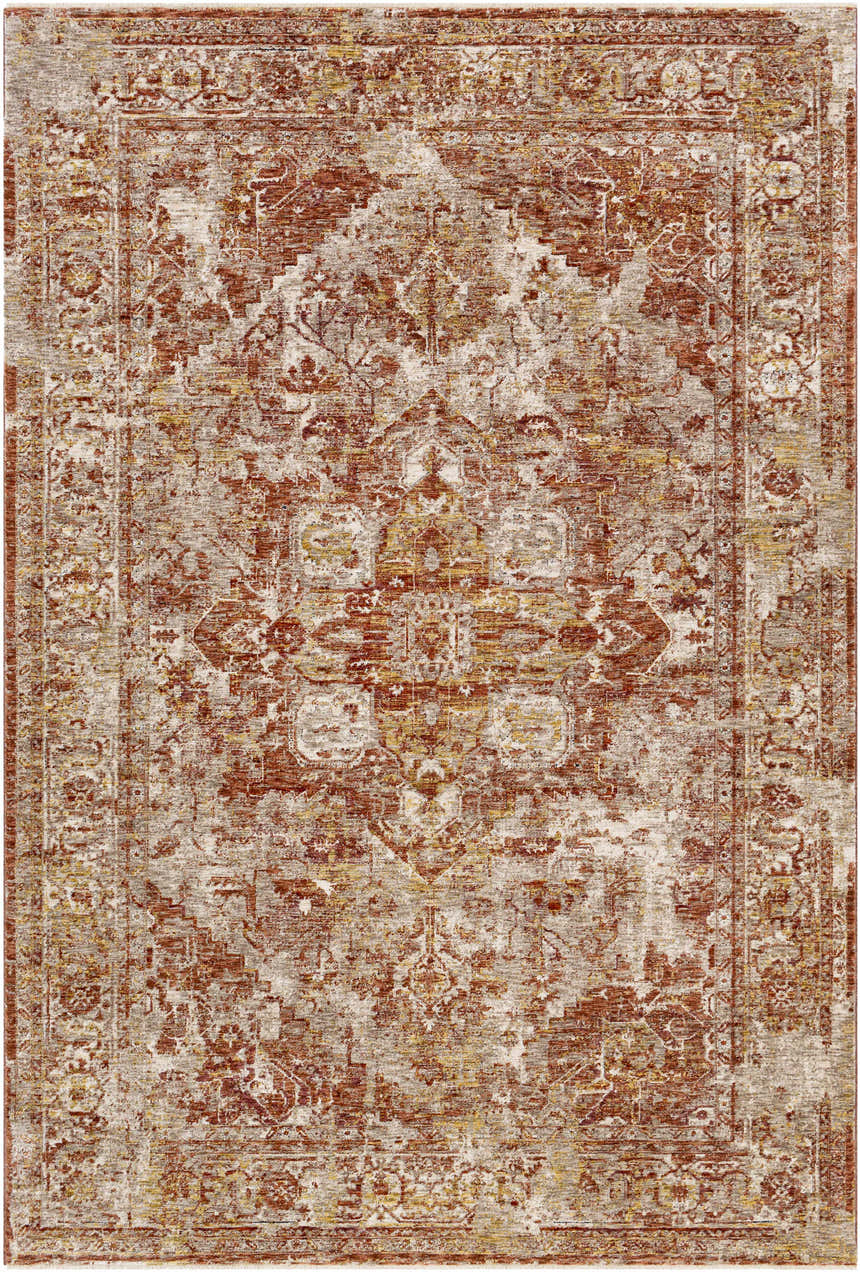 Close-up of the Strathbogie Traditional Red Area Rug featuring a distressed oriental pattern in brick red, cream, and mustard. Design-Rectangle-6796