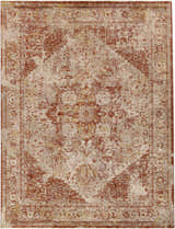Close-up of the Strathbogie Traditional Red Area Rug. Features a distressed oriental pattern in brick red, cream, and brown. Design-Rectangle-710103