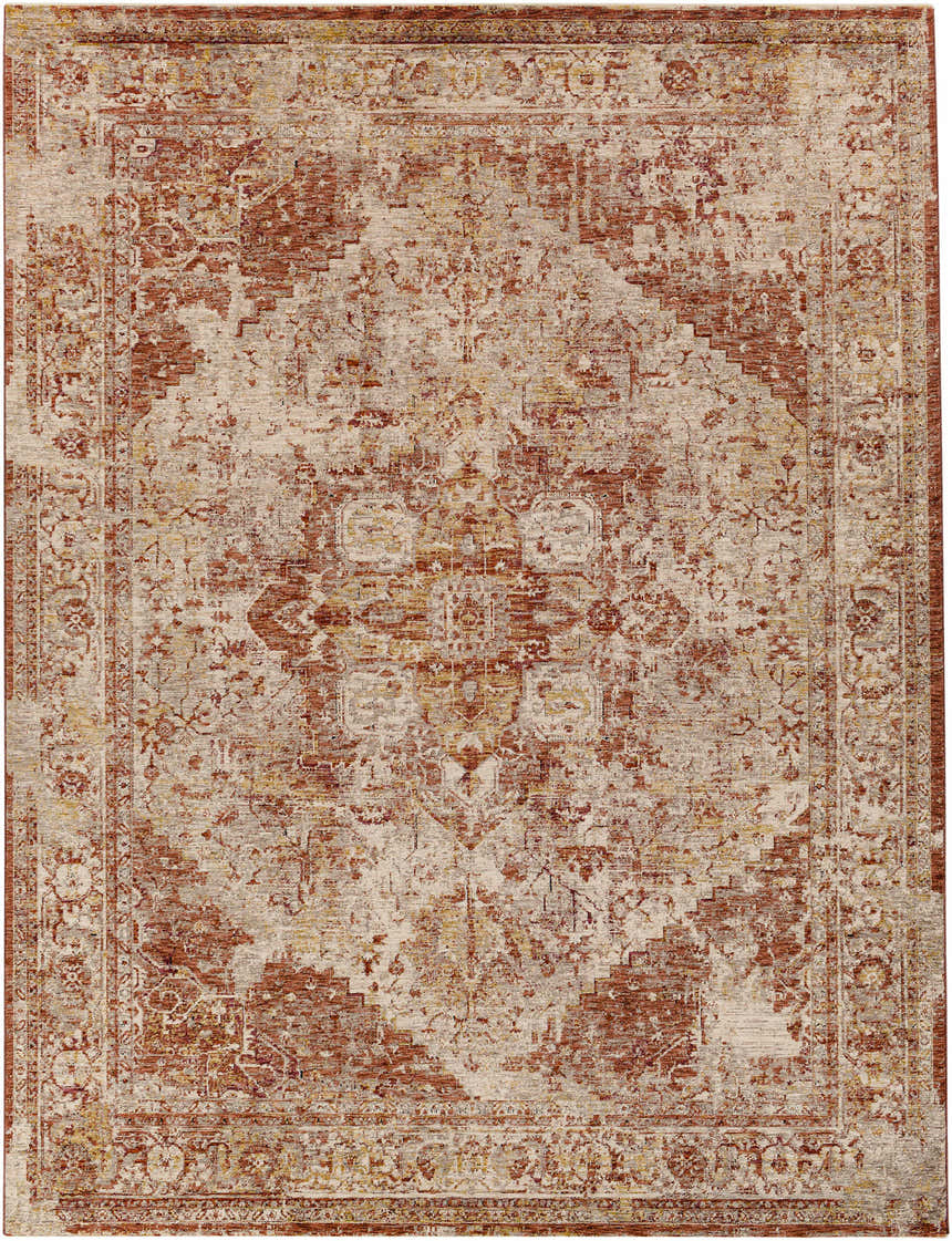 Close-up of the Strathbogie Traditional Red Area Rug. Features a distressed oriental pattern in brick red, cream, and brown. Design-Rectangle-710103