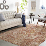 Living room with a Strathbogie Traditional Red Area Rug, beige sofa, and mid-century modern chair. Earthy, warm tones. Roomscene-Rectangle