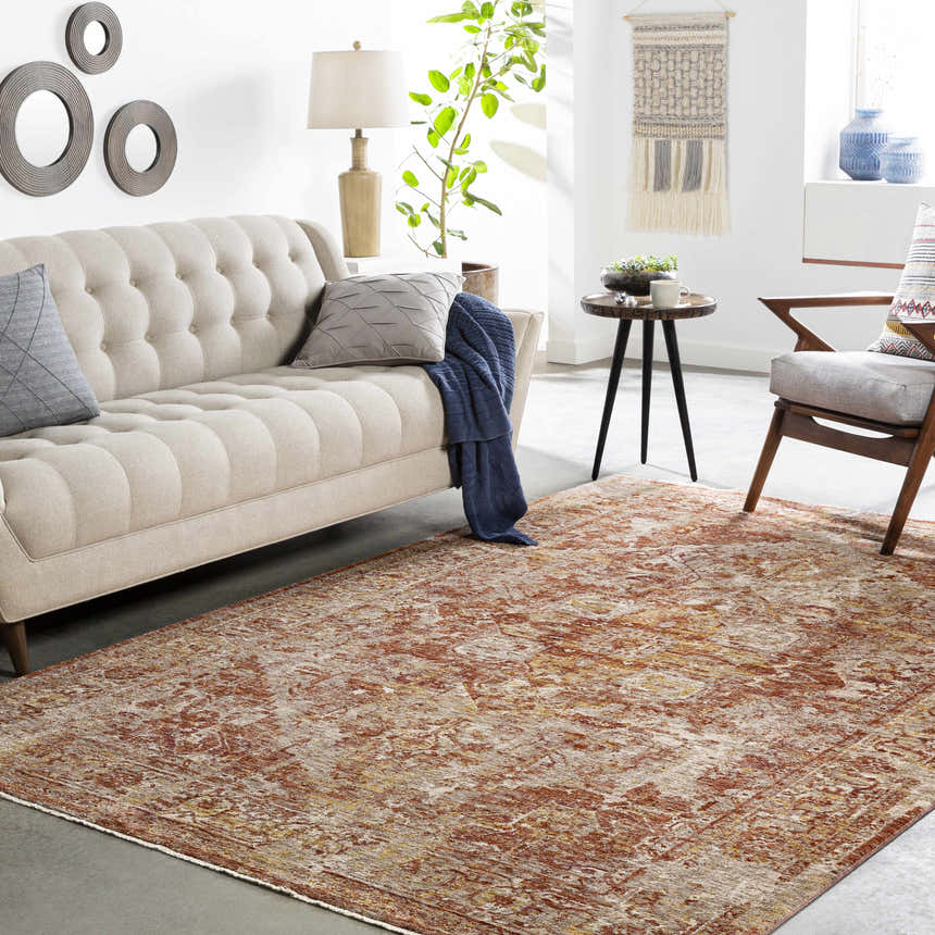 Living room with a Strathbogie Traditional Red Area Rug, beige sofa, and mid-century modern chair. Earthy, warm tones. Roomscene-Rectangle