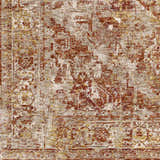 Close-up of the Strathbogie Traditional Red Area Rug. Features a distressed oriental pattern in brick red, cream, and mustard. Swatch