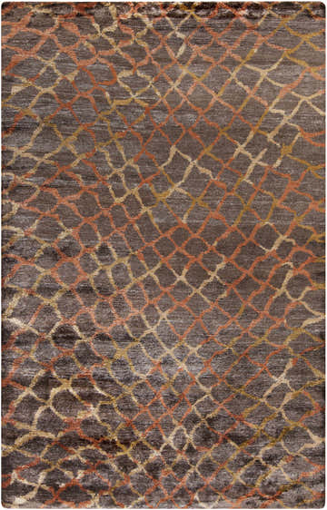 Close-up of a Strong Area Rug. Hand-knotted viscose rug in black, brown, rust, and sage with a contemporary lattice pattern. Design-Rectangle-58