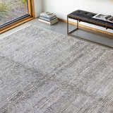 Modern living room scene with gray Struie Area Rug, leather bench, and natural light from a large window. Roomscene-Rectangle