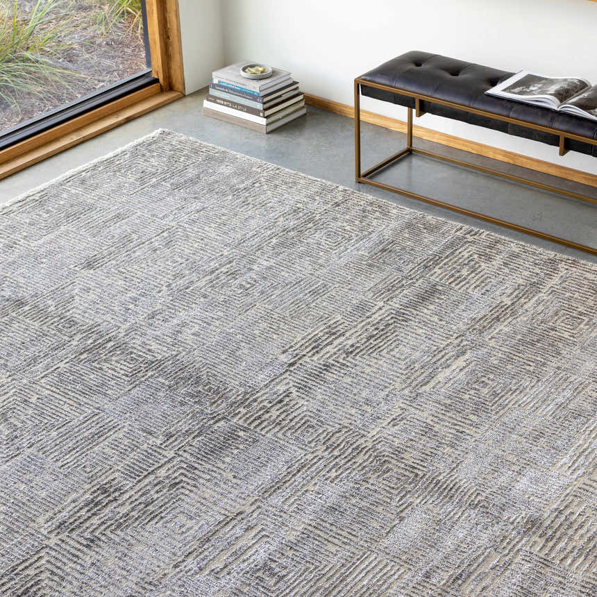 Modern living room scene with gray Struie Area Rug, leather bench, and natural light from a large window. Roomscene-Rectangle