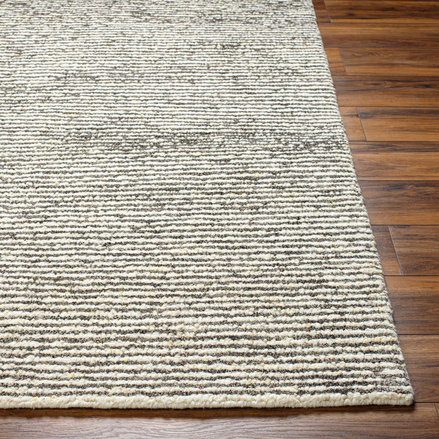 Close-up of the hand woven Caius Area Rug showing a geometric, striped pattern in beachhouse and multi brown wool. Front