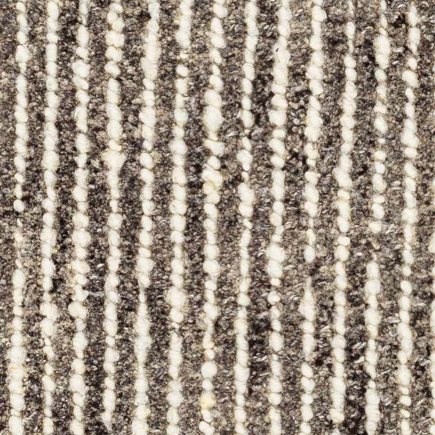 Close-up of the Caius Area Rug showing its taupe and white vertical stripe pattern and hand-woven wool texture. Swatch