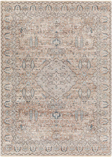 Close-up of the Suay Area Rug. Traditional oriental rug pattern in charcoal, cream, dark blue, and medium brown. Design-Rectangle-46