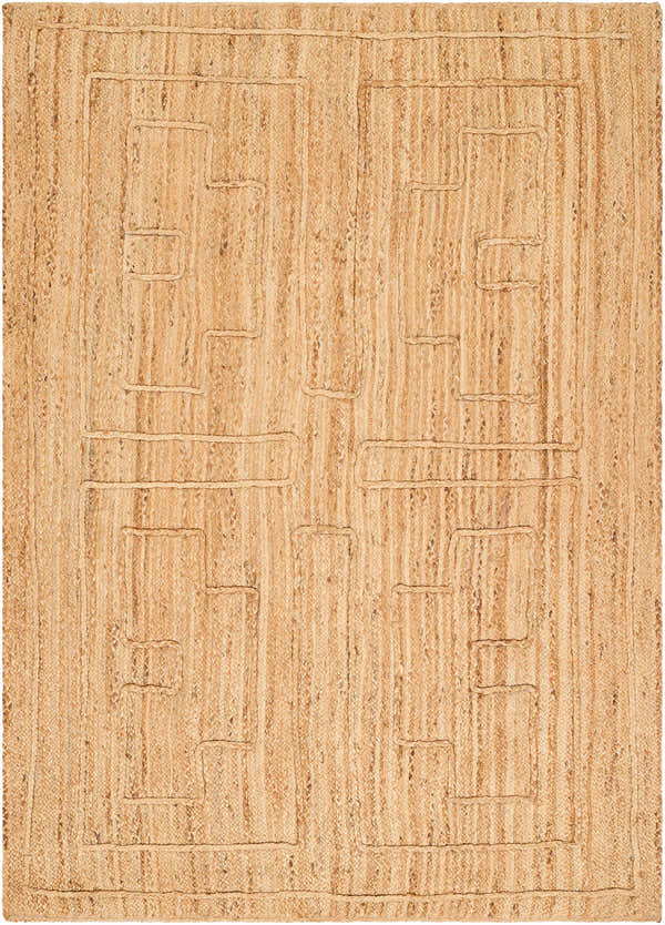 Close-up of the hand woven Tino Area Rug. Natural jute rug with a contemporary geometric pattern in beige and brown tones. Design-Rectangle-576