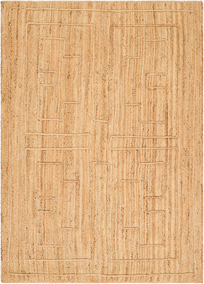 Close-up of the hand woven Tino Area Rug. Natural jute rug with a contemporary geometric pattern in beige and brown tones. Design-Rectangle-576