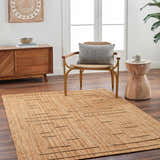 Living room scene with a tan Tino Area Rug, wooden furniture, and natural light. Roomscene-Rectangle