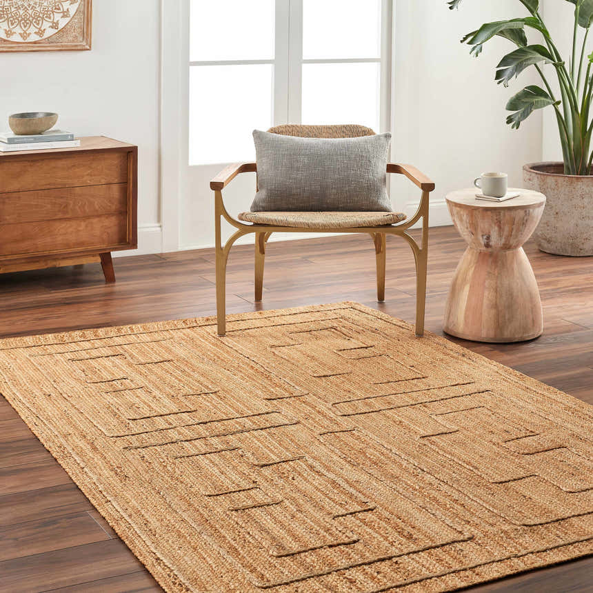 Living room scene with a tan Tino Area Rug, wood furniture, and a neutral color palette. Roomscene-Rectangle