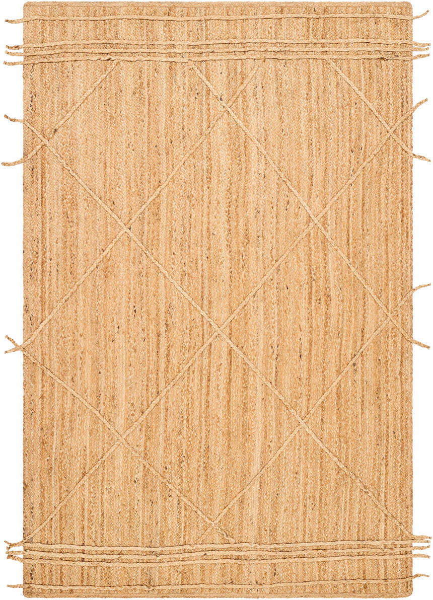 Close-up of the Zeno Area Rug. Hand-woven jute rug in natural tones with a diamond pattern and braided fringe detail. Design-Rectangle-576