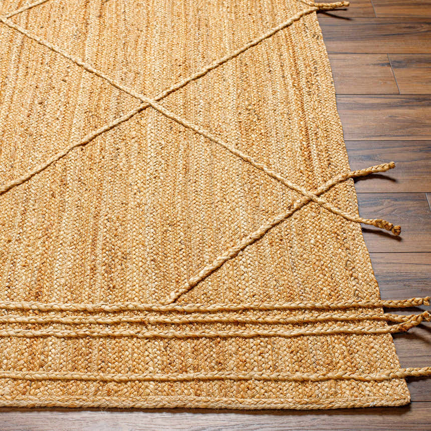 Close-up of the Zeno Area Rug showing the hand-woven jute texture, braided accents, and natural brown tones. Front