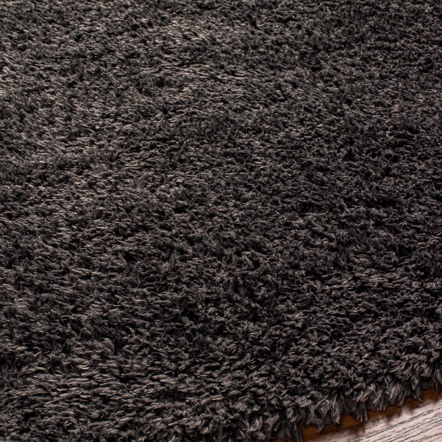 Close-up of the plush Black Allon Area Rug, showcasing its soft shag texture and subtle gray and off-white tones. Texture