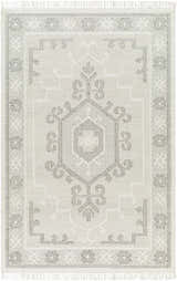 Close-up of the hand woven Afra Area Rug. Farmhouse style rug in cloud gray and dark gray with a traditional geometric pattern. Design-Rectangle-576