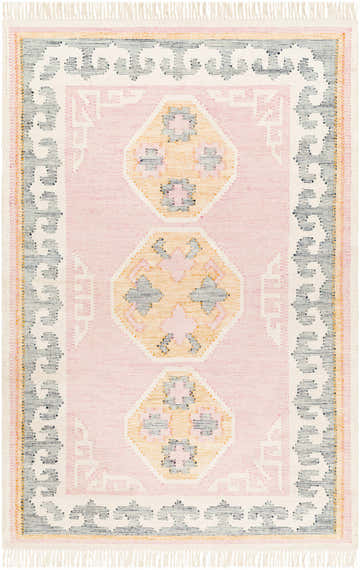 Close-up of the hand-woven Devin Area Rug. Features a traditional design in antique brass, beige, and pink tones with fringe. Design-Rectangle-576
