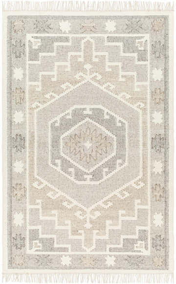 Close-up of the hand woven Donny Area Rug. Features a traditional geometric pattern in beige, gray, and brown tones. Design-Rectangle-576
