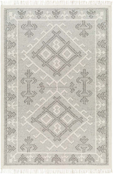 Hand woven wool Memo Area Rug in gray and white with geometric diamond and tribal-inspired patterns and fringed edges. Design-Rectangle-576