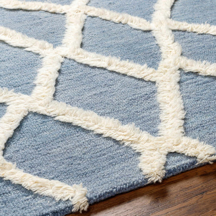 Close-up of the Adica Blue Wool Area Rug showing the geometric trellis pattern and soft, fringed texture. Texture