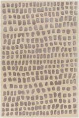 Close-up of the Arjan Beige Area Rug. Features a contemporary design with taupe geometric shapes on an off-white wool background. Design-Rectangle-576