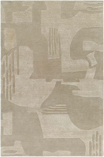 Close-up of the beige Dessa Area Rug, featuring an abstract pattern and hand-tufted wool texture. Design-Rectangle-576