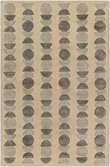 Close-up of the Matt Area Rug - Clearance, featuring a geometric pattern of circles and half-circles in taupe and brown hues. Design-Rectangle-576
