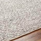 Close-up of the Chole Area Rug, a hand-woven rug with a gray and nutmeg textured design made of recycled PET yarn. Texture