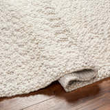 Close-up of the hand-woven Oved Area Rug showing its cloud gray color and textured, looped pile on a wood floor. Fold