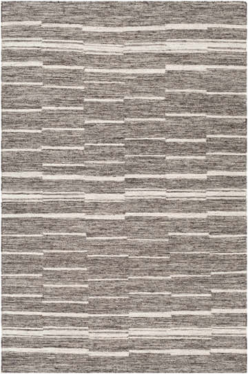 Close-up of the hand-woven Swavesey Wool&Viscose Area Rug. Charcoal, cream, and gray horizontal stripes create a modern pattern. Design-Rectangle-576