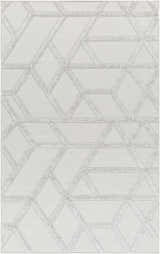 Close-up of the Cadak Area Rug showcasing a geometric diamond pattern in light gray and pewter hues. Contemporary style. Design-Rectangle